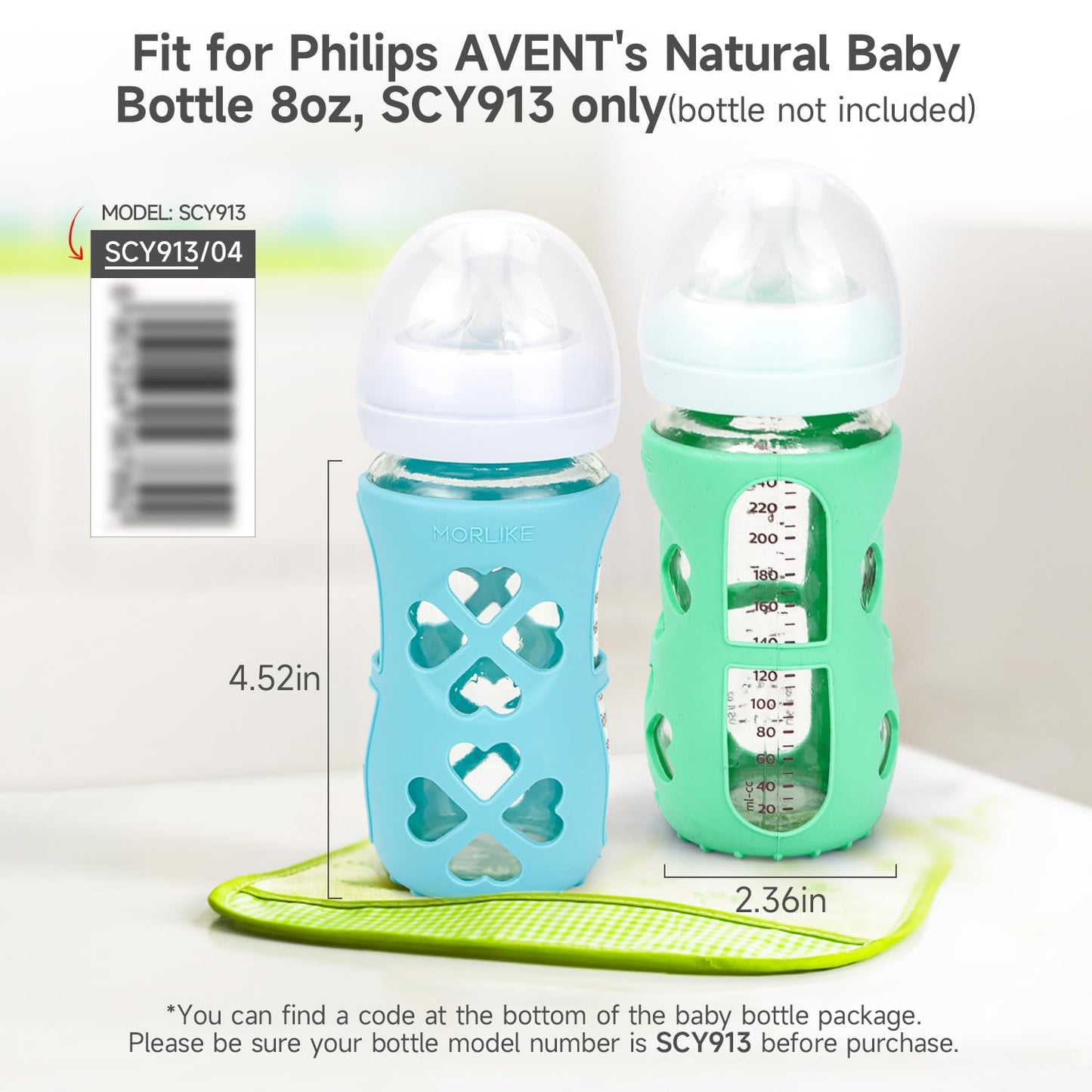 Morlike Silicone Baby Bottle Holder Sleeves Fit for Philips Avent Natural Glass Baby Bottles 8oz, 100% Silicone Baby Bottle Covers for SCY913, Protecting Glass Bottles, Dishwasher Safe (4 Pack)