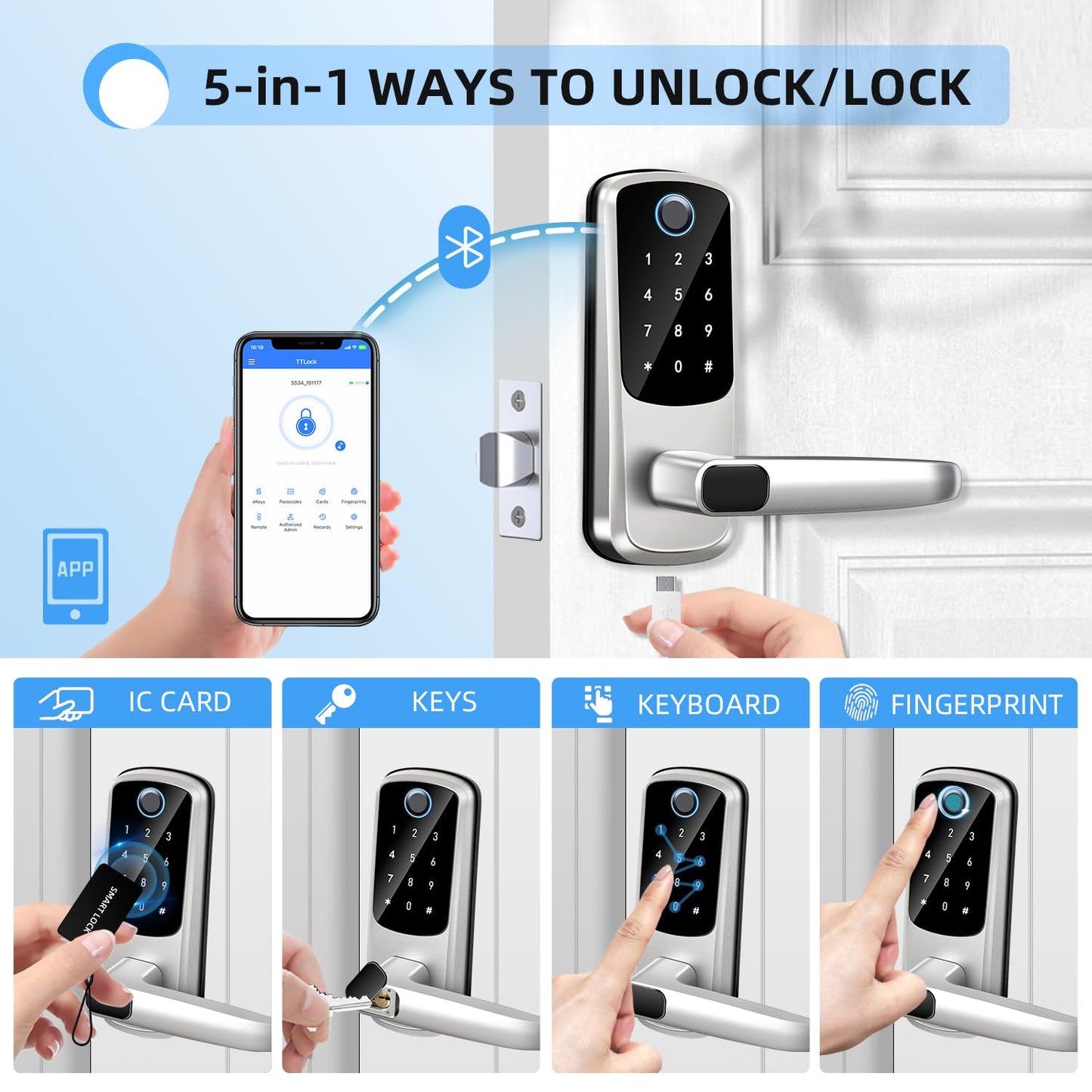 Smart Door Lock with Handle,Keyless Entry Door Locks, 8-in-1 Fingerprint Keypad Exterior Lock - Smart Locks for Front Door - Digital Electronic Smart Lock with Code & APP Control (Silver)