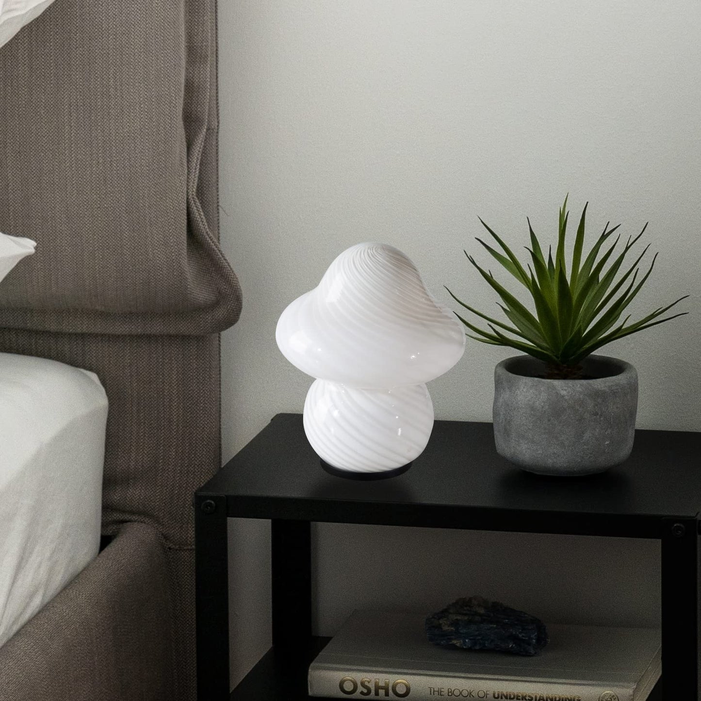 Coosa Mushroom Lamp - Glass Bedside Table Lamp, Ceramic, White Stripe, Cute Nightstand Desk Lamp for Home Decor and Study