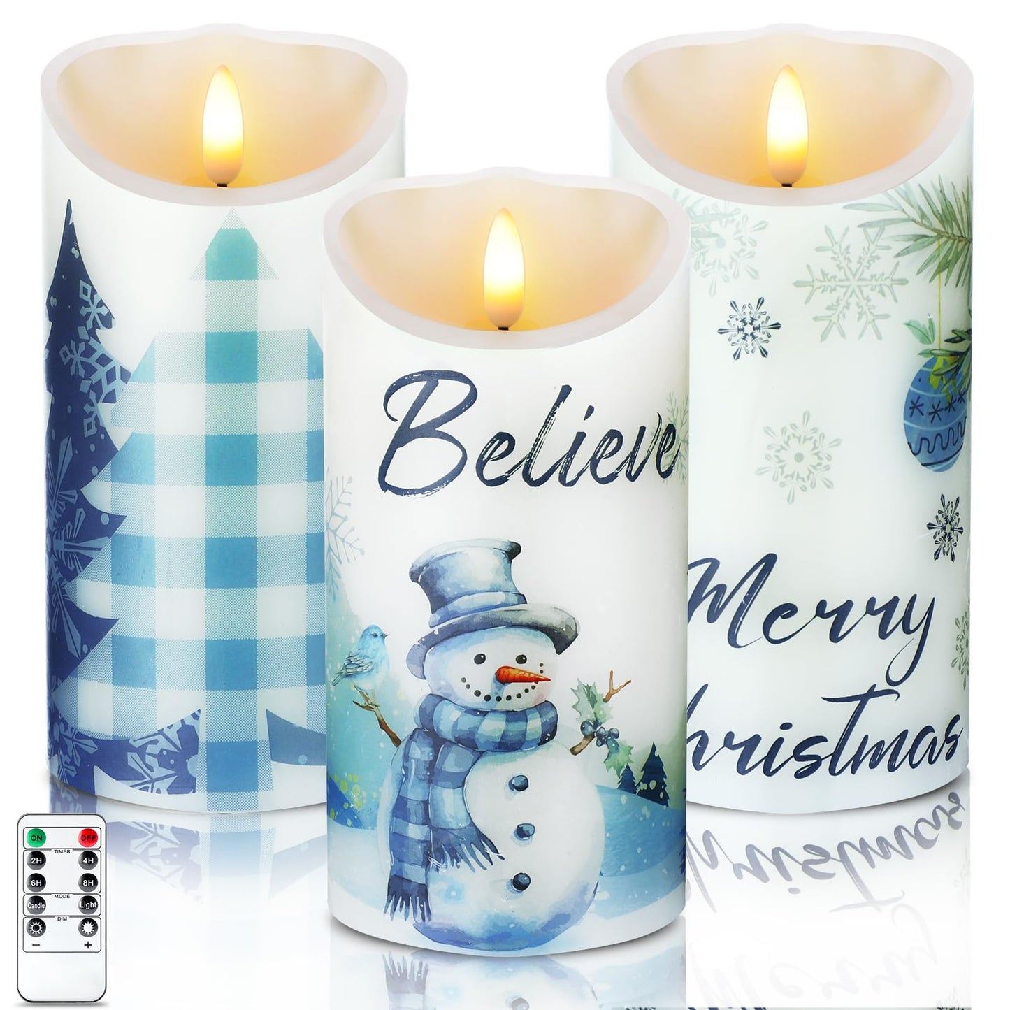 ROCEEI 3 Pcs Christmas Snowflake Style Candles Battery Operated LED Candles Winter Christmas Snowflake Style Pillar Flickering R
