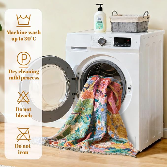 MSGKV Boho Throw Blanket for Couch 50"x60" Cotton Floral Blankets for Sofa Chair All Seasons Lightweight Muslin Breathable Farmhouse Home Decor