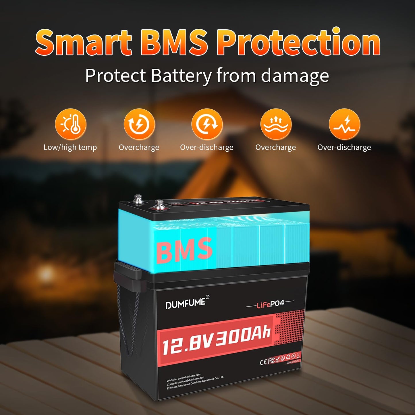 Dumfume 12V 300Ah Lithium Lifepo4 Battery,200A Bms 3840Wh Rechargeable Lithium Iron Phosphate Battery For Solar Energy Storage,B