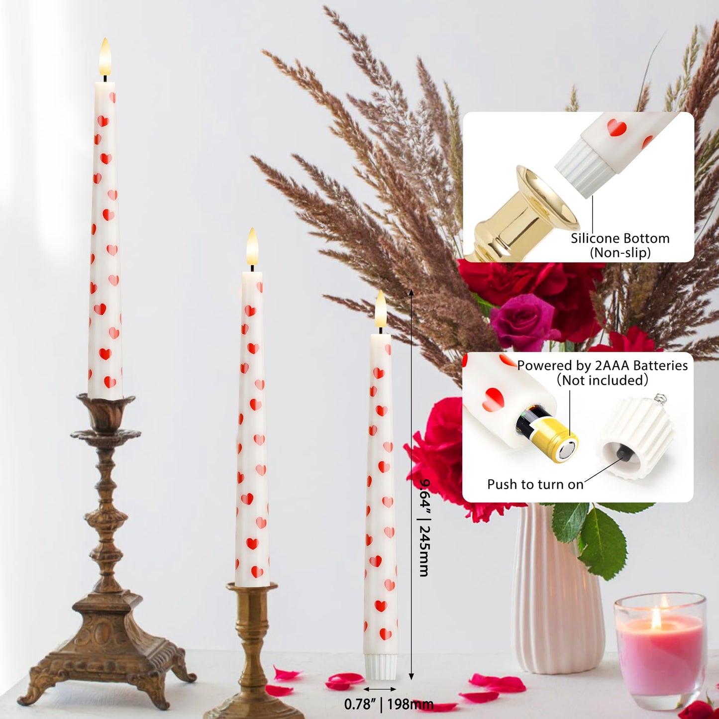 AFINETH Valentine Day Flameless Taper Candles with Heart, 9.6" Real Wax LED Candles with Remote, 3 Pack Flickering Battery Operated Candlesticks for Proposal Wedding Anniversary Romantic Night