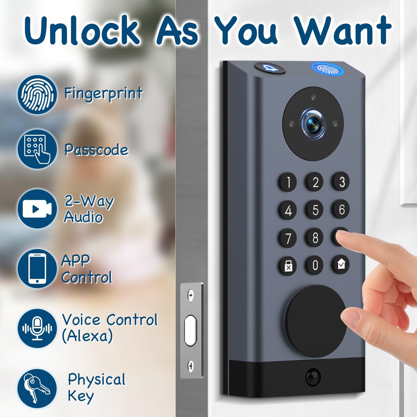 Pothunder Smart Lock with Camera, Keyless Entry Door Lock Deadbolt with WiFi Video Doorbell, Fingerprint Electronic Keypad Code Door Lock for Front Door with App Remote Control, PIR Motion Detection