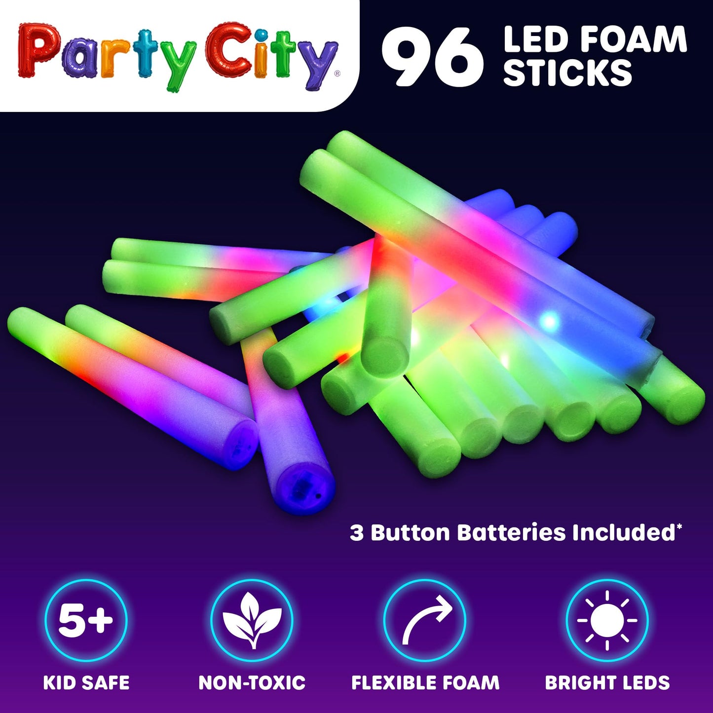 Party City 96Pk Led Foam Glow Sticks 14 - Glow In The Dark Party Supplies Favors Colorful Flashing Wand With 3 Modes Foam Light Up Sticks Bulk Party Pack For Wedding Birthday Concert Halloween