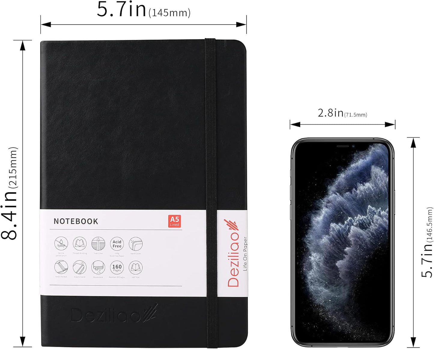 Deziliao Hardcover Notebook Journal 160 Pages, Lined Journal Notebooks for Work, 100Gsm Premium Thick Paper with Pocket, Medium 5.7"x8.4" (Black, Ruled)