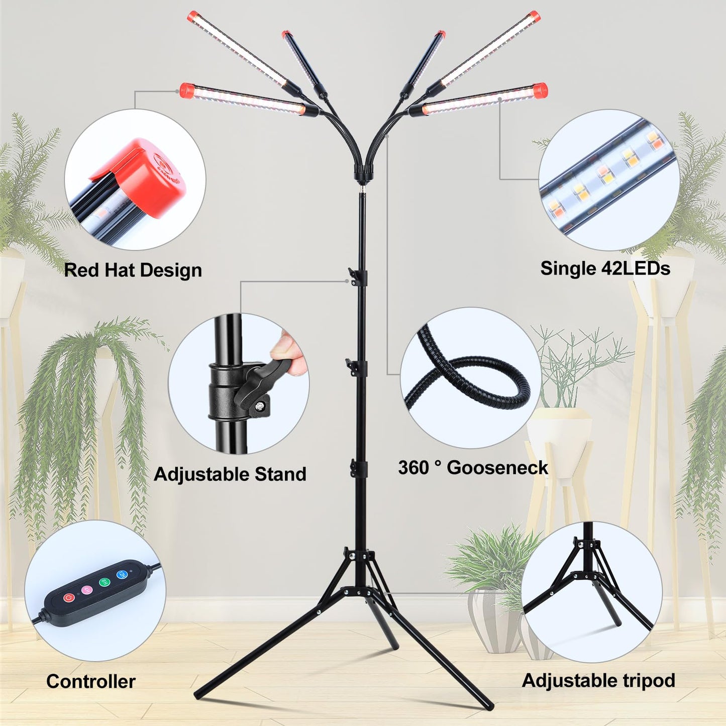 FRGROW 6-Head Grow Lights for Indoor Plants, 54W Full Spectrum, Auto Timer, Tripod Stand, Black, Model ZH_GL_RH