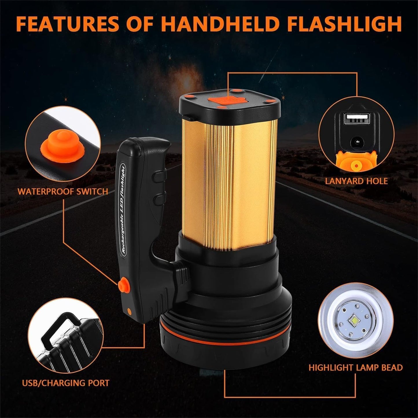 CSNDICE Rechargeable Flashlight, 1000,000LM, IP68 Waterproof, 10000mAh, Medium Size, Gold, Model 0809
