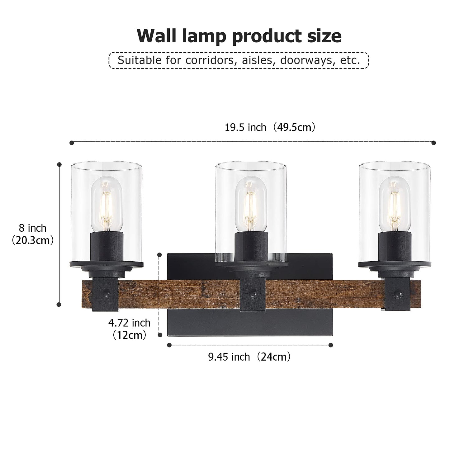 DUJAHMLAND Farmhouse Vanity Light Fixture, 3-Light Rustic Sconce, Antique Wood, Glass Shade, Model B01