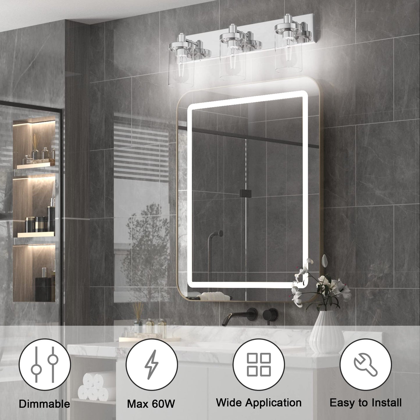 Aipsun Chrome 3-Light Vanity Light Fixture For Bathroom, Farmhouse Style With Clear Glass Shade, Model 1136