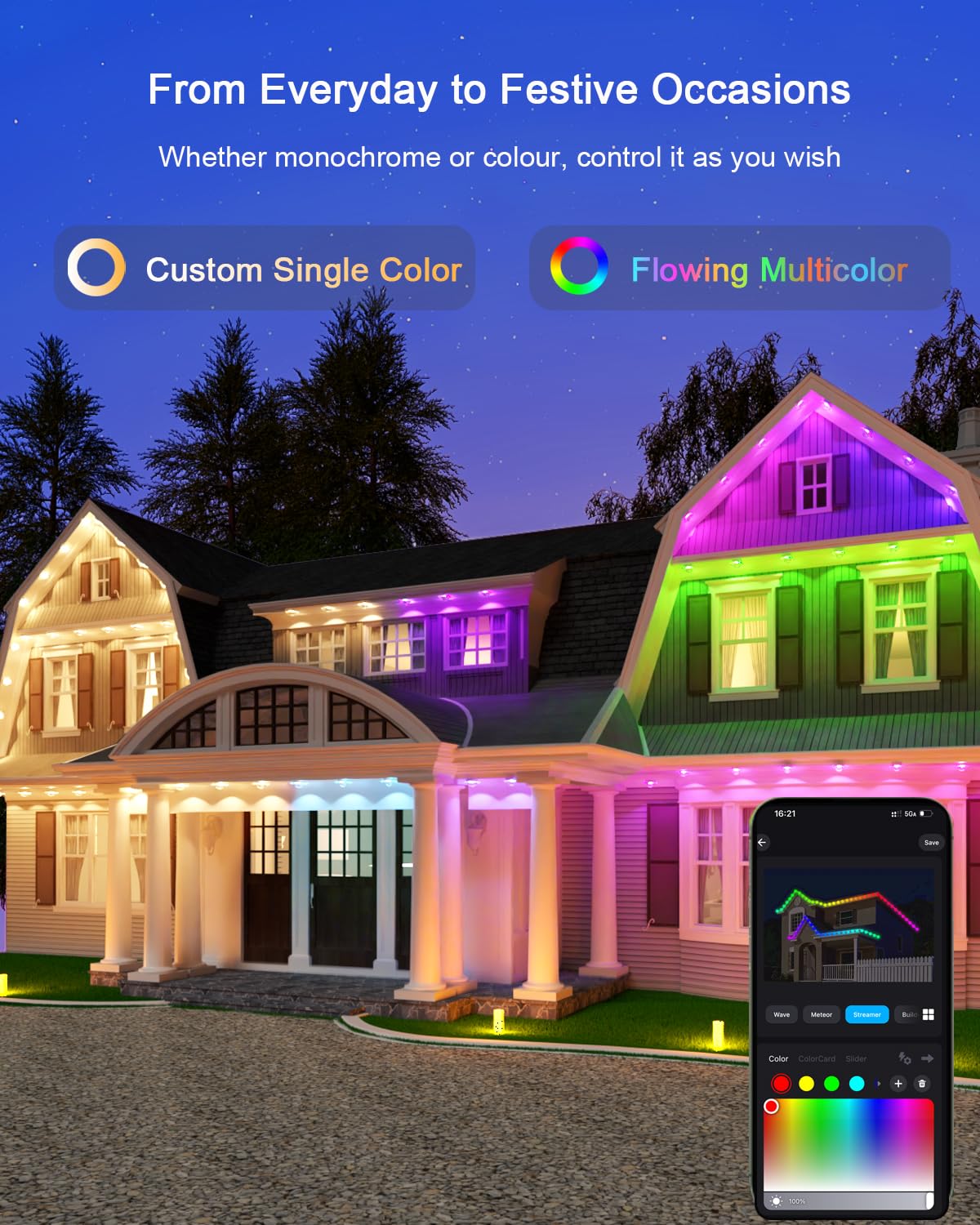 Permanent Outdoor Lights - 100Ft Smart Ai Rgb+Ic Led With 72 Lights Ip67 Waterproof 75+ Scene Modes Alexa/Google/Remote Control Enabled Diy Music Sync For Christmas Holiday & Home Decor White