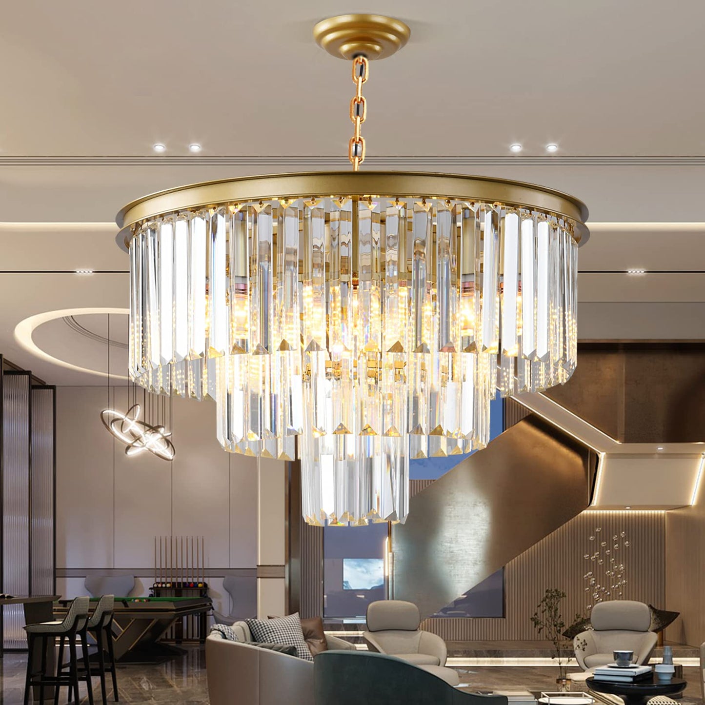 Laiuetai Gold Modern Crystal Chandelier 3-Tier Round Flush Mount Ceiling Light Fixtures Height Adjustable Pendant Lighting For Dining Room Living Room Bedroom Kitchen Hotel Foyer