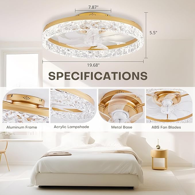 STERREN 19.7'' Crystal Ceiling Fans with Lights and Remote, Modern Low Profile LED Ceiling Fan, Dimmable Flush Mount Fan Light, Gold Fandelier with Color Temperature Change 6 Speeds
