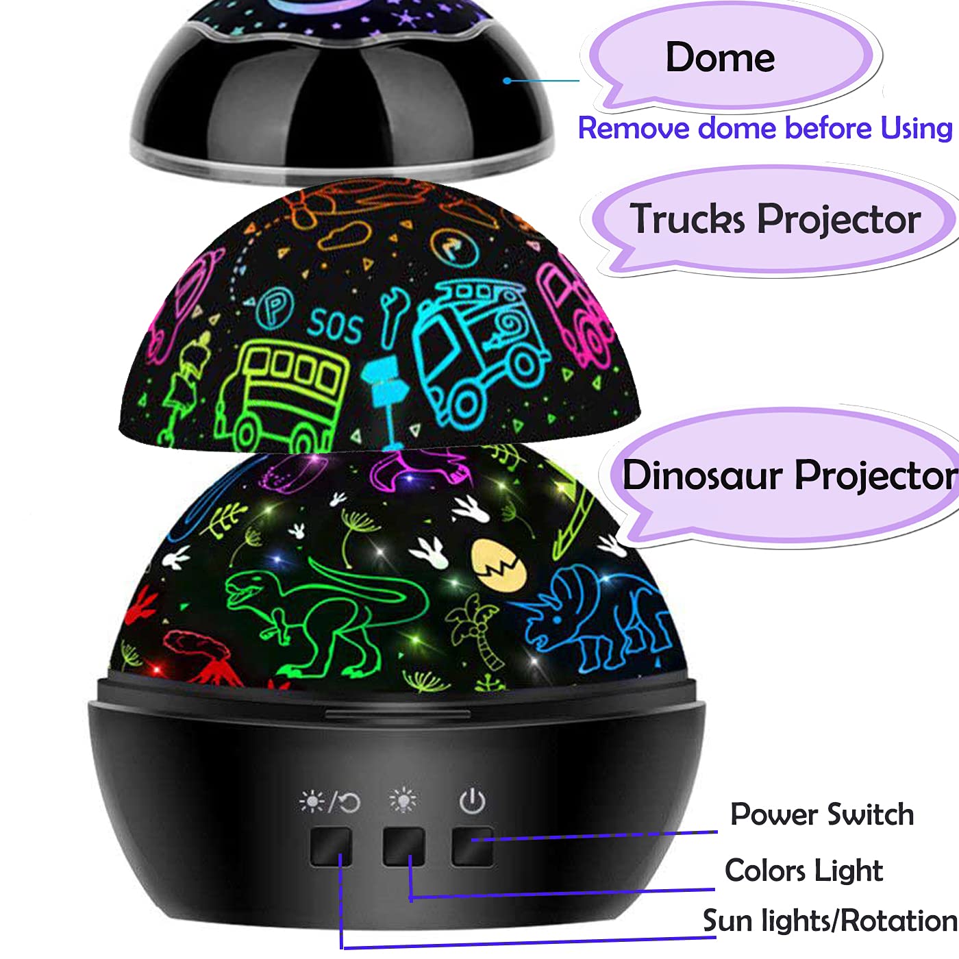 MINGKIDS Night Light Projector Lamp, 2 in 1 Dino & Vehicles Theme, Black, Model 012-1652, for Kids 3-8 Years, Room Decor