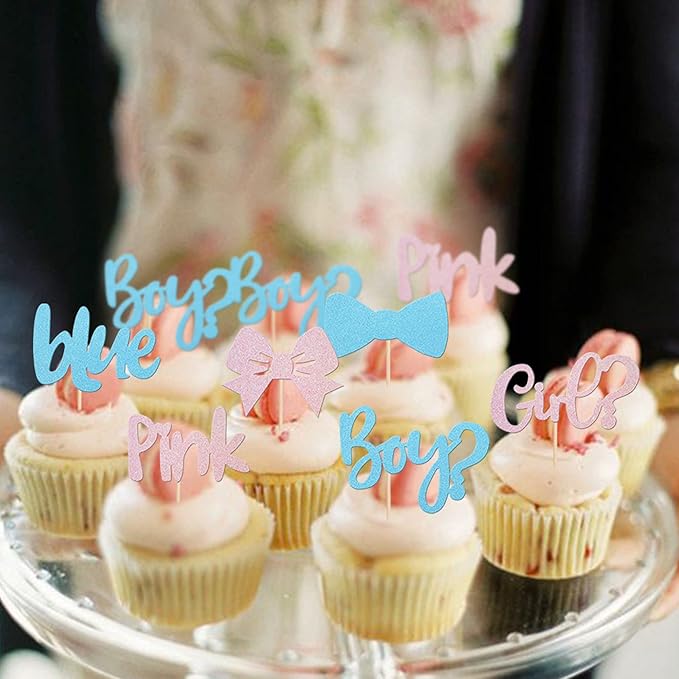 Rsstarxi 36 Pack Boy or Girl Cupcake Toppers Pink or Blue Glitter Bow Tie Gender Reveal Cupcake Picks for He or She Gender Reveal Theme Baby Shower Kids Birthday Party Cake Decorations Supplies