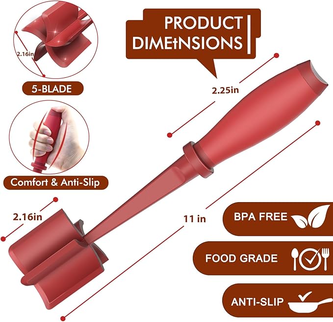 Shadowgallery 2Pack Meat Chopper,Heat Resistant Meat Masher for Hamburger Meat,Ground Beef Smasher,Nylon Chopper Utensil,Meat Ground,Non Stick Mix Chopper and Chop,Meat Masher Tool Gift(Red)