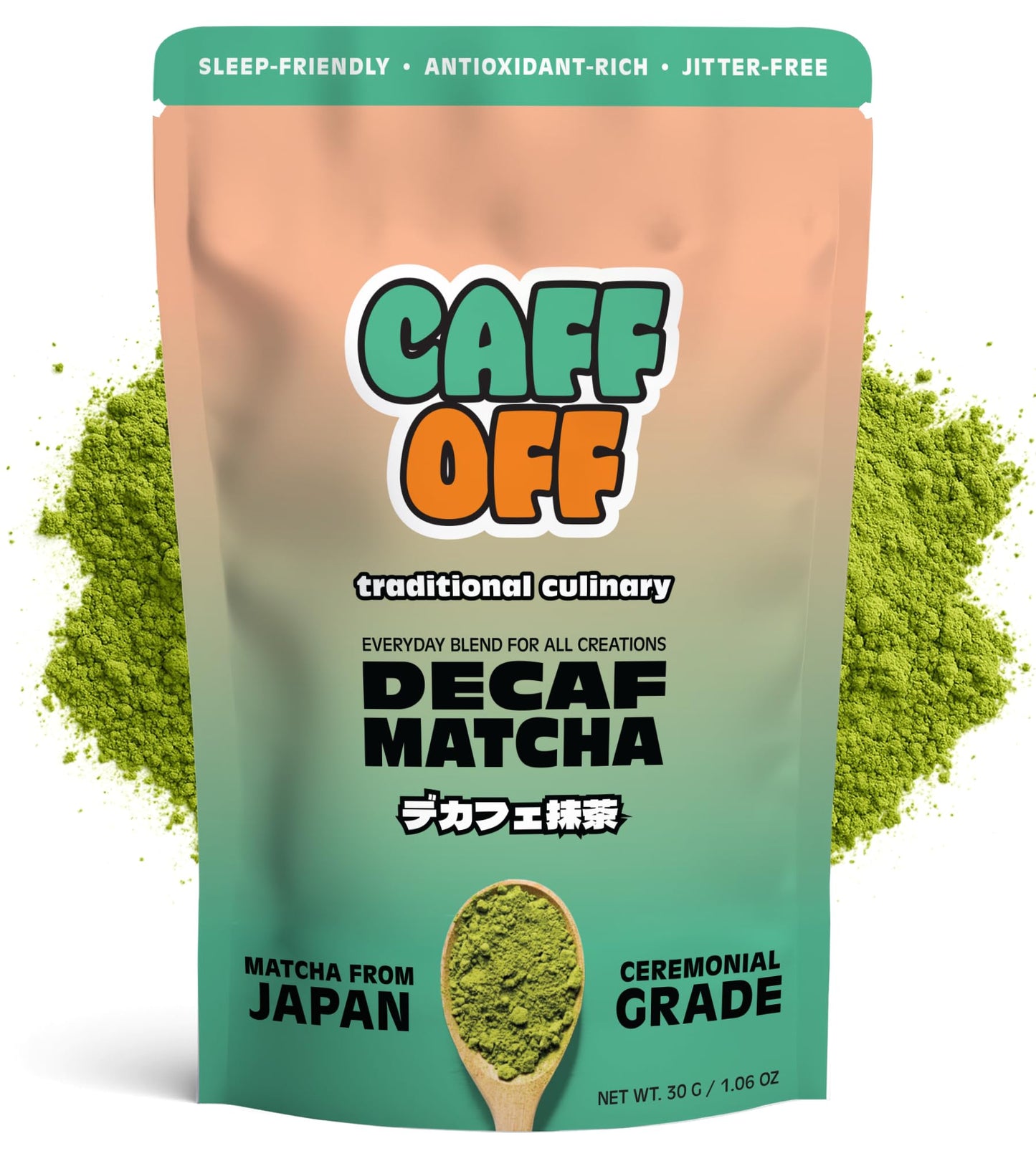 Caff Off Decaf Matcha Green Tea Powder From Japan - 1.06 oz / 30 g Culinary Grade - Naturally Decaffeinated Using No Chemicals - Tested For Heavy Metals & Pestacides - First Harvest & Shade Grown Caffeine Free Matcha Powder