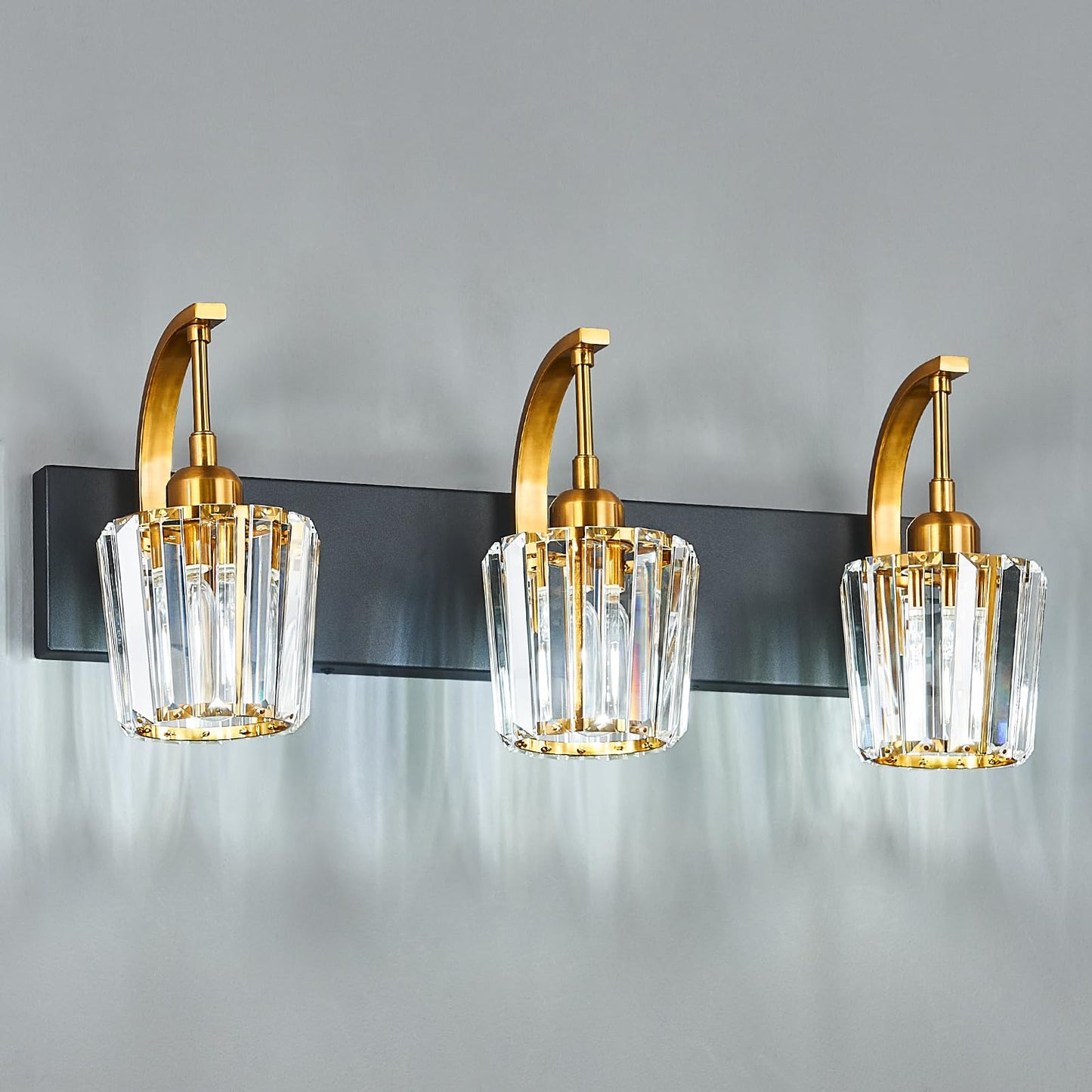 Fdpby Modern Bathroom Vanity Light 3-Light Black Gold Wall Sconce With Crystal Accents Over Mirror Bathroom Lighting Fixture 23.62 Long Dimmable Vanity Lamp For Makeup Easy Installation