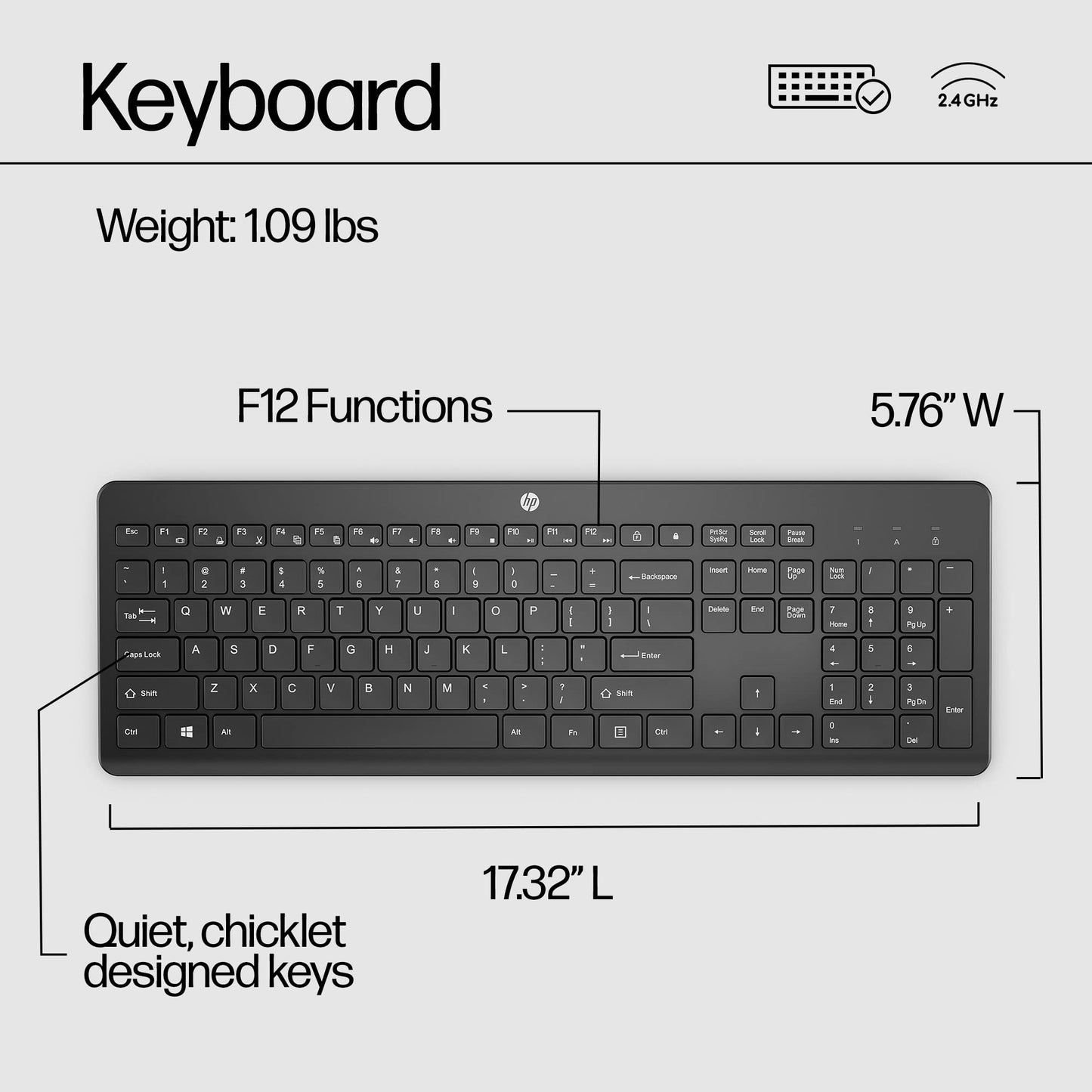 Hp 230 Wireless Keyboard - Wireless Connection - Low-Profile, Quiet Design - Windows & Mac Os - Laptop, Pc Compatible - Shortcut