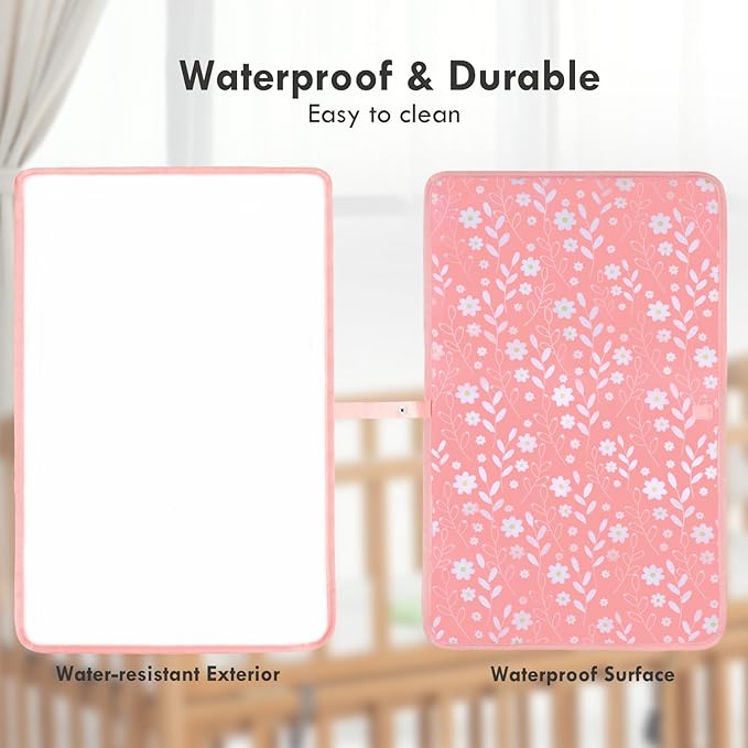 Portable Diaper Changing Pad for Baby - Waterproof Compact Changing Mat with Wrist Strap - Wipeable Travel Changing Pad for Diaper Bag - Gifts for Baby Shower by PHOEBUS BABY(Pink Flowers)