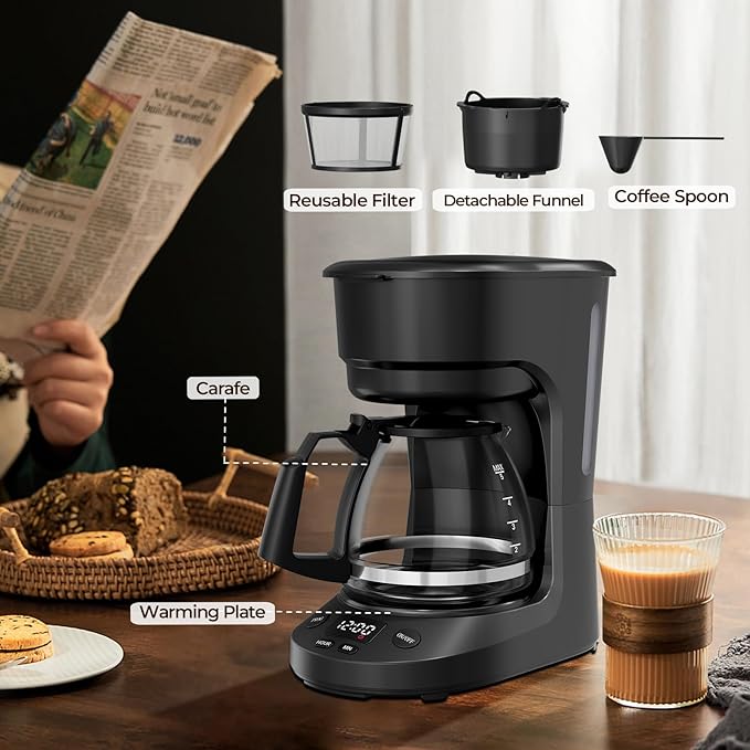 5-Cup Programmable Coffee Maker with 24h Timer, Small Drip Coffee Machine with Auto Shut-off, 2h Keep Warm, BPA-free Glass Carafe Coffee Pot, Delay Brew, 25oz Water Tank, Compact for Home/RV/Dorm