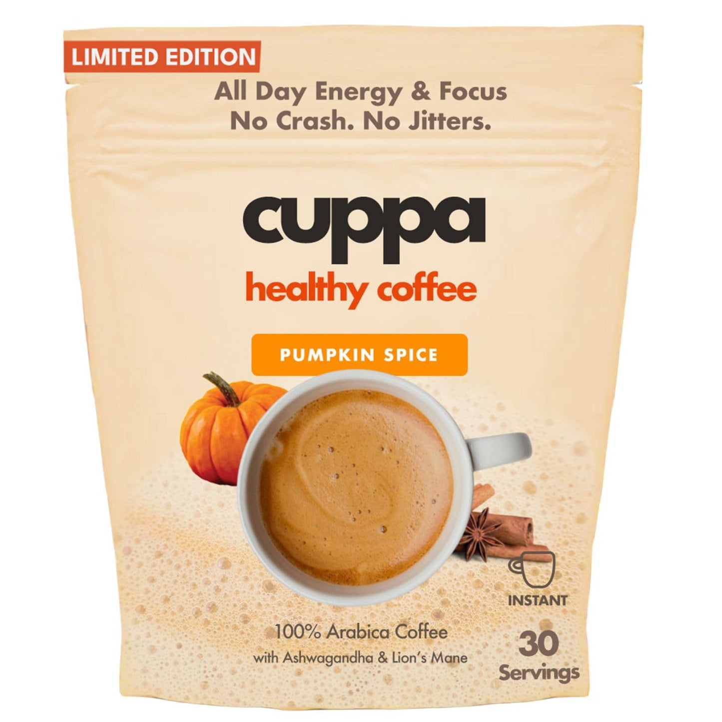 Cuppa Healthy Mushroom Insant Coffee with Lions Mane & Ashwagandha for All Day Energy & Focus - No Crash or Jitters - Nootropics for Brain Health Gut Health Immunity Stress Memory + Mood (30 Servings Pumpkin Spice)