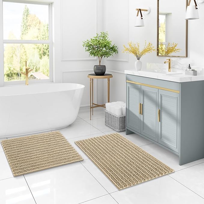 Arotive Luxury Chenille Bathroom Rug Mat, Extra Soft Thick Absorbent Shaggy Bath Rugs, Non-Slip Machine Wash Dry, Plush Bath Mats for Bathroom, Shower and Tub, 30x20, Beige