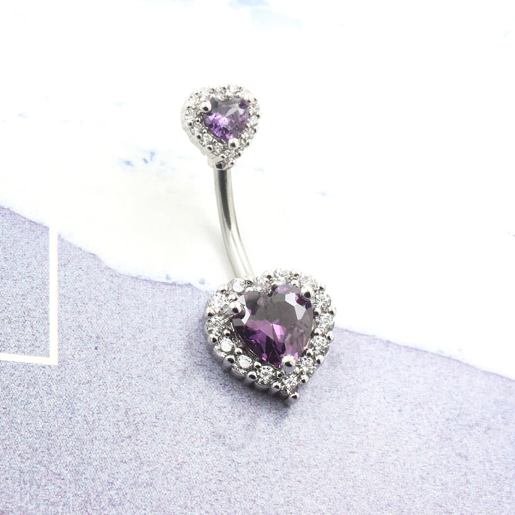 Excepro Belly Rings 316L Surgical SS PVD Plated Multicolor Heart CZ Navel Piercing Shiny Belly Button Rings (purple)
