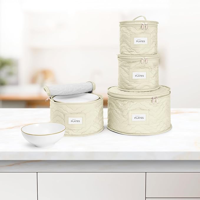 Sorbus China Storage Containers - Quilted Dish Storage Containers for Organizing, Moving Supplies, Party - 4 Stackable Plate Carrier Set for Dinnerware, Plate Organizer with Felt Plate Protector