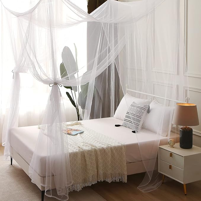 VISATOR Mosquito Net Bed Canopy, 4 Corner Post Canopy Bed Curtains with 4 Hanging Hooks, 30ft Tether and 4 Tassel Hanging Pendants for Full/Queen/King Size