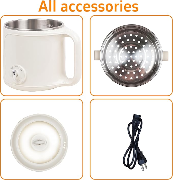 Electric Hot Pot with Steamer: 2.0L Ramen Cooker, Multifunctional Stainless Steel Electric Pot, Portable, Dual Power Adjustment for Dorm, Office, Travel