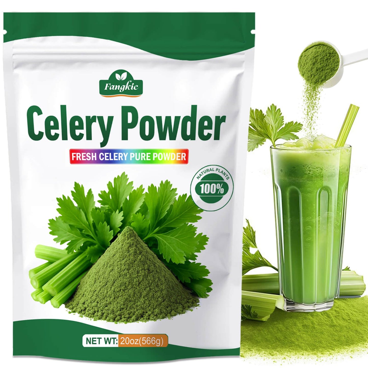 Fangkic Pure Celery Powder 20 oz Fresh Celery Juice Powder for Drink 1.25 lb / 70 Servings per Pack with a Spoon 100% Natural Vegan Gluten Free UltraFine Cold Pressed for Baking Smoothie Cooking