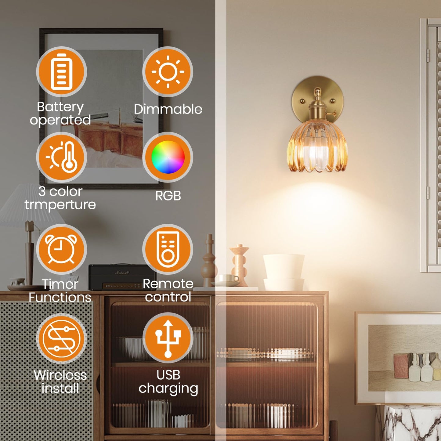 EIDEARAY Battery Operated Wall Sconce, Vintage Amber Tulip Glass, Remote Control, Model YLC-BRO3TB, Ideal for Bedroom and Living Room