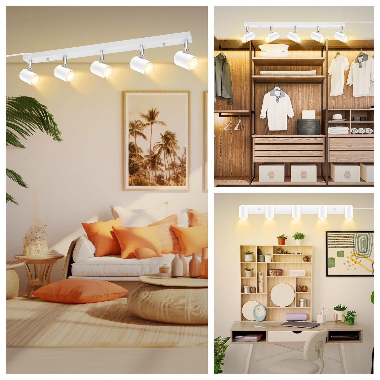 AUQUEE 5 Light Track Lighting Kit,White 5 Way Modern Plug in Ceiling Spotlight,Industrial LED Wall Light for Kitchen Cabinet Gallery Bar Hallway Living Room,Rocker Switch,15 Foot Cord(No Bulb)
