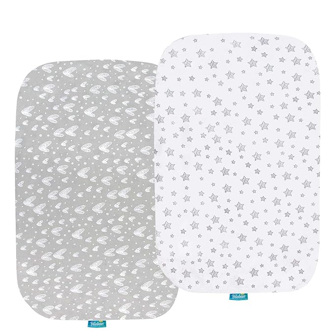 Bassinet Sheets Compatible with BIERUM Baby Bassinet Bedside Sleeper and Mika Micky Bedside Sleeper, (2 Pack), 100% Jersey Knit Cotton Fitted Sheets, Grey Hearts and White Stars Print for Baby