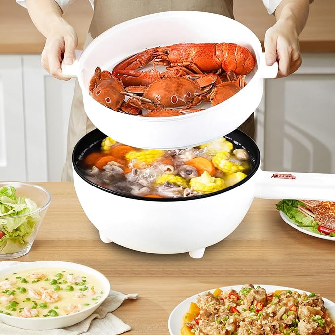 Hot Pot Electric with Steamer, 3L Non-Stick Sauté Pan, Rapid Noodles Cooker with Spatula, Mini Pot for Steak, Egg, Ramen, Electric Cooker with Dual Power Control, Over-Heating Boil Dry Protection