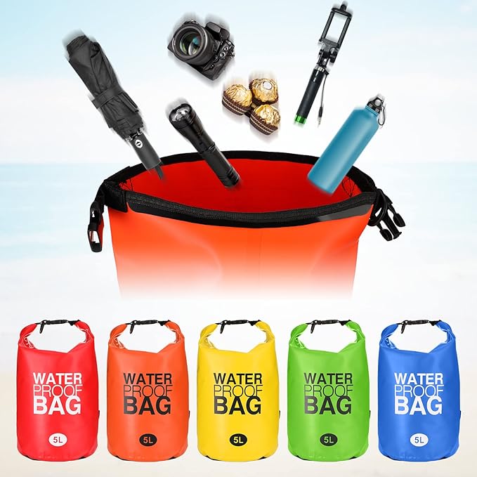 Jexine 10 Pack Dry Bag Waterproof, 5L Ultralight Dry Sacks Roll Top Storage Bag Backpack Camping Portable Outdoor Bags Keep Gear for Backpacking Kayaking Hiking Swimming Fishing Boating(Multicolor)