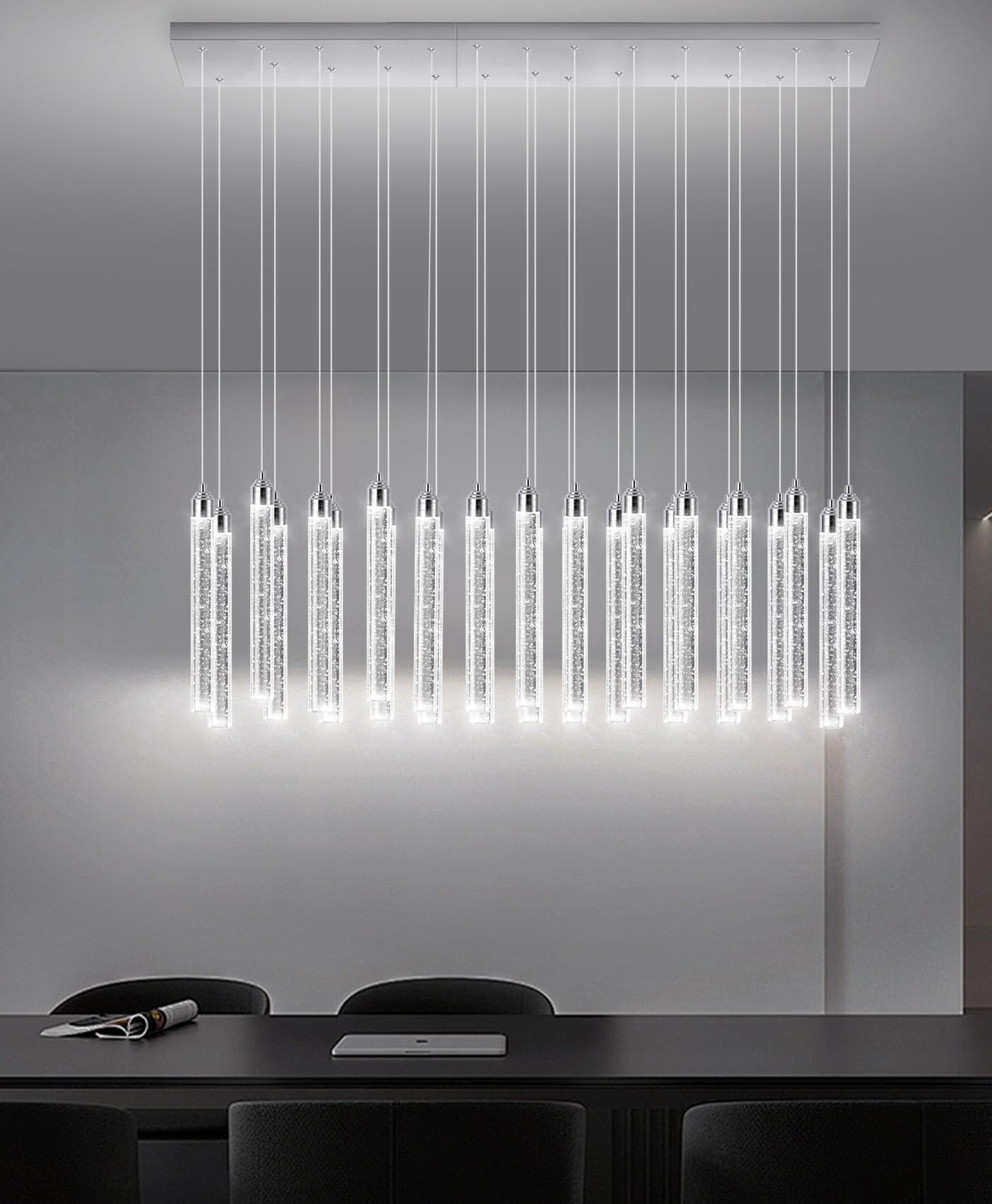 Rectangular Chandeliers 26-Lights Long Light For Entryway Led Dimmable Chandeliers Lighting Fixture Flat Sloped High Ceiling Pendant Lights Crystal For Living Room Foyer Hallway Staircase Silver
