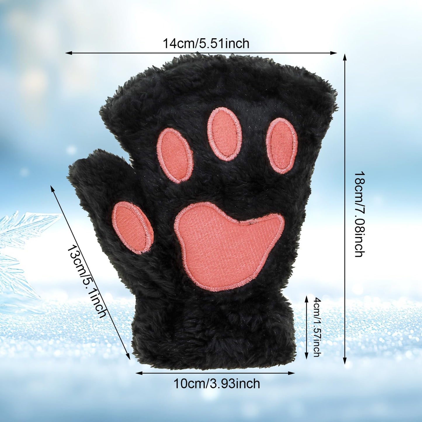 PENTA ANGEL Cat Paw Gloves Christmas Winter Plush Fingerless Gloves for Women Girls Adults Halloween Costume Accessories (Black)