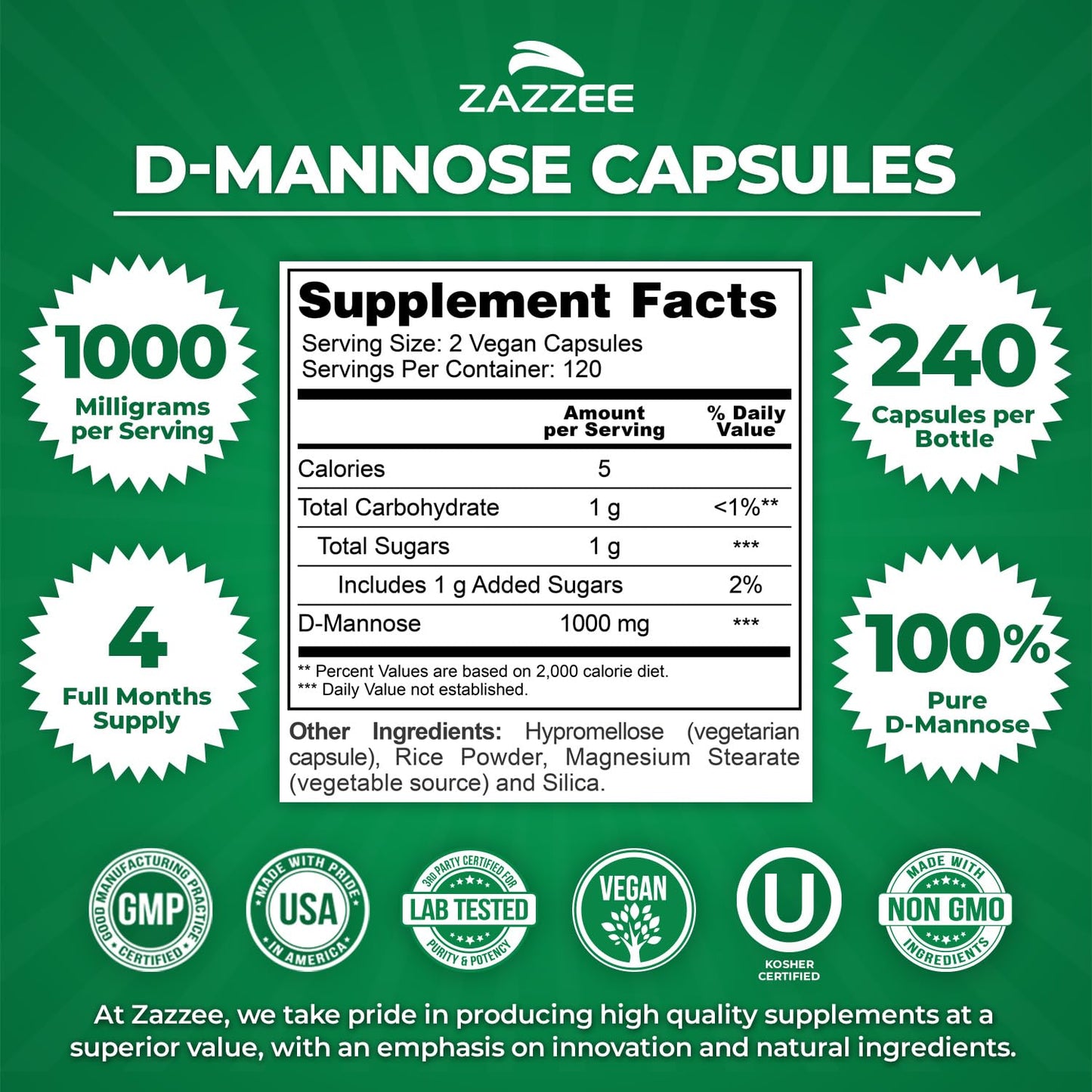 Zazzee D-Mannose, 1000 mg per Serving, 240 Vegan Capsules, 4 Month Supply, Potent & Fast-Acting, Certified Kosher, 100% Pure, All-Natural Urinary Tract Health Support, 100% Vegetarian, Non-GMO