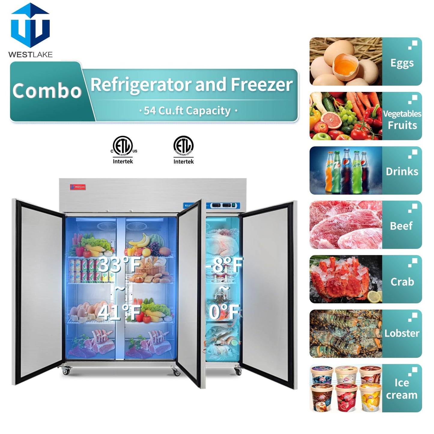 WESTLAKE Commercial Refrigerator and Freezer Combo 72" W 3 door 3 Section Stainless Steel Reach in Solid door Fan Cooling 54 Cu.ft Refrigerator and Freezer Combo for Restuarant, Bar, Shop, etc