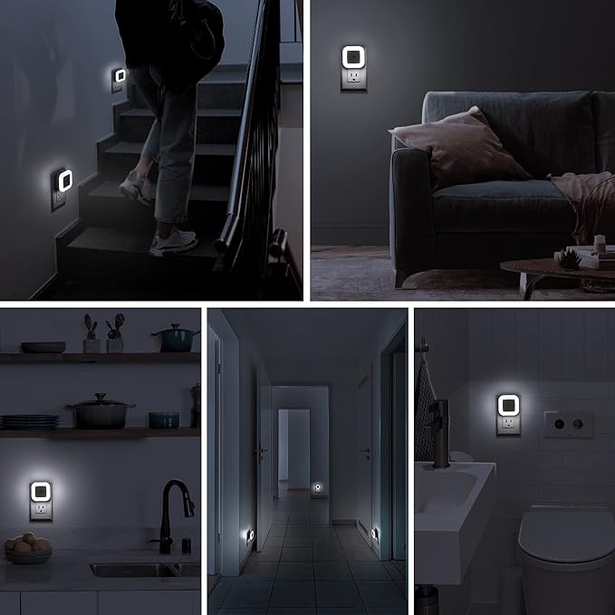 Plug-in LED Night Light with Dusk to Dawn Sensor for Hallway, Stairs, Bathroom, Kitchen, Bedroom, Nursery, Kids Room, Daylight White, Pack of 6