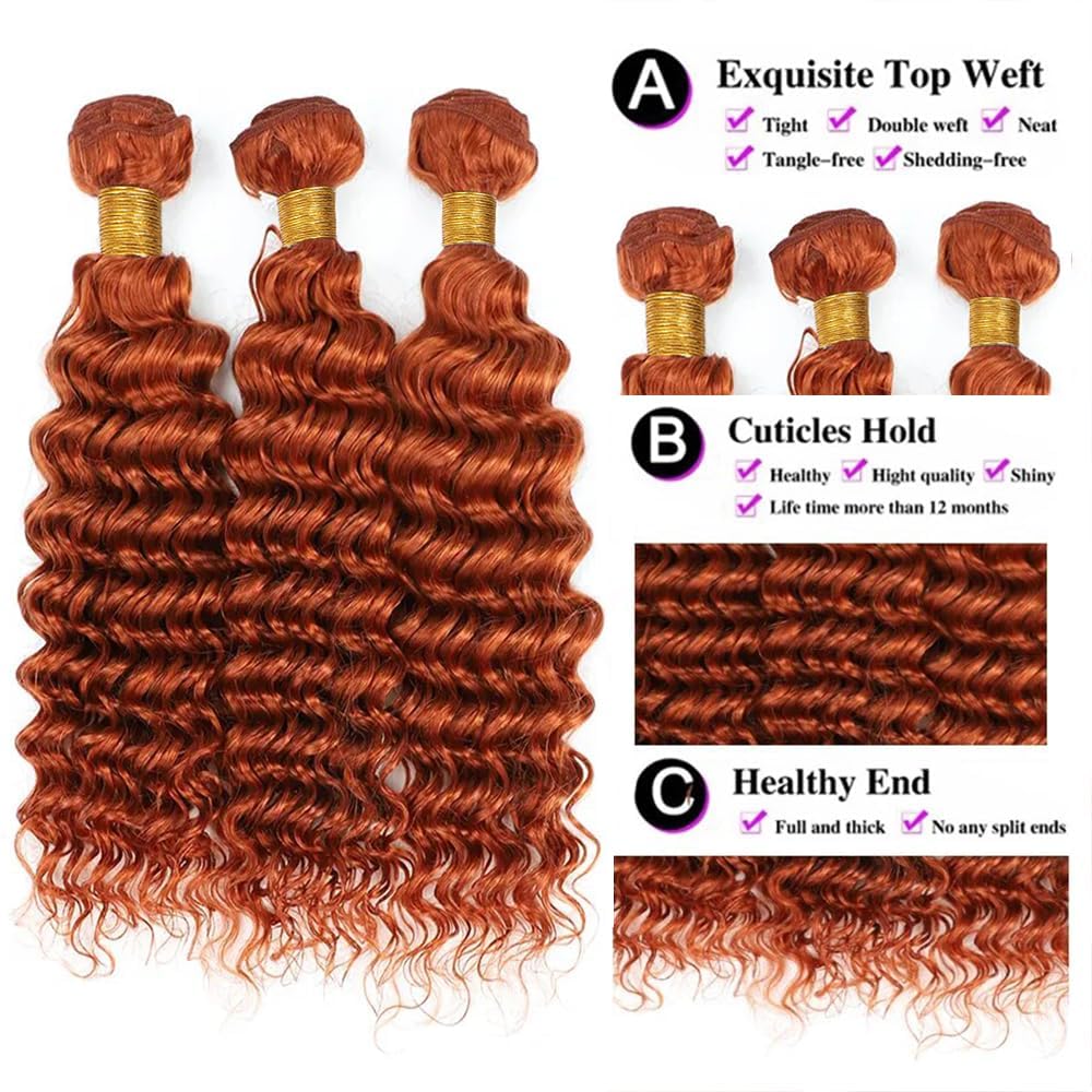Peenoll 26 28 30 Inch Deep Wave Human Hair Bundles Ginger Orange 350 Weave Bundles Human Hair 12A Unprocessed Brazilian Virgin Q