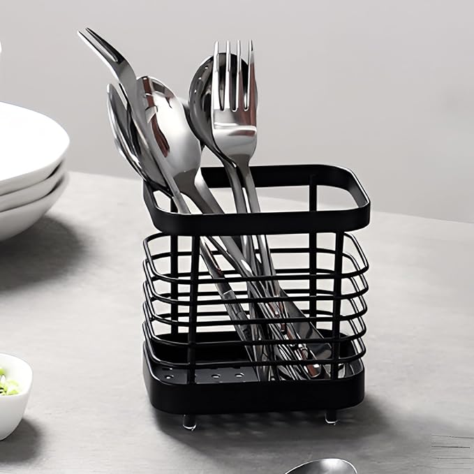 Kitchen Sink Utensil Holder of Drying Rack, Small Stainless Steel Cutlery Drainer Caddy,Spoon and fork organizer (Black)