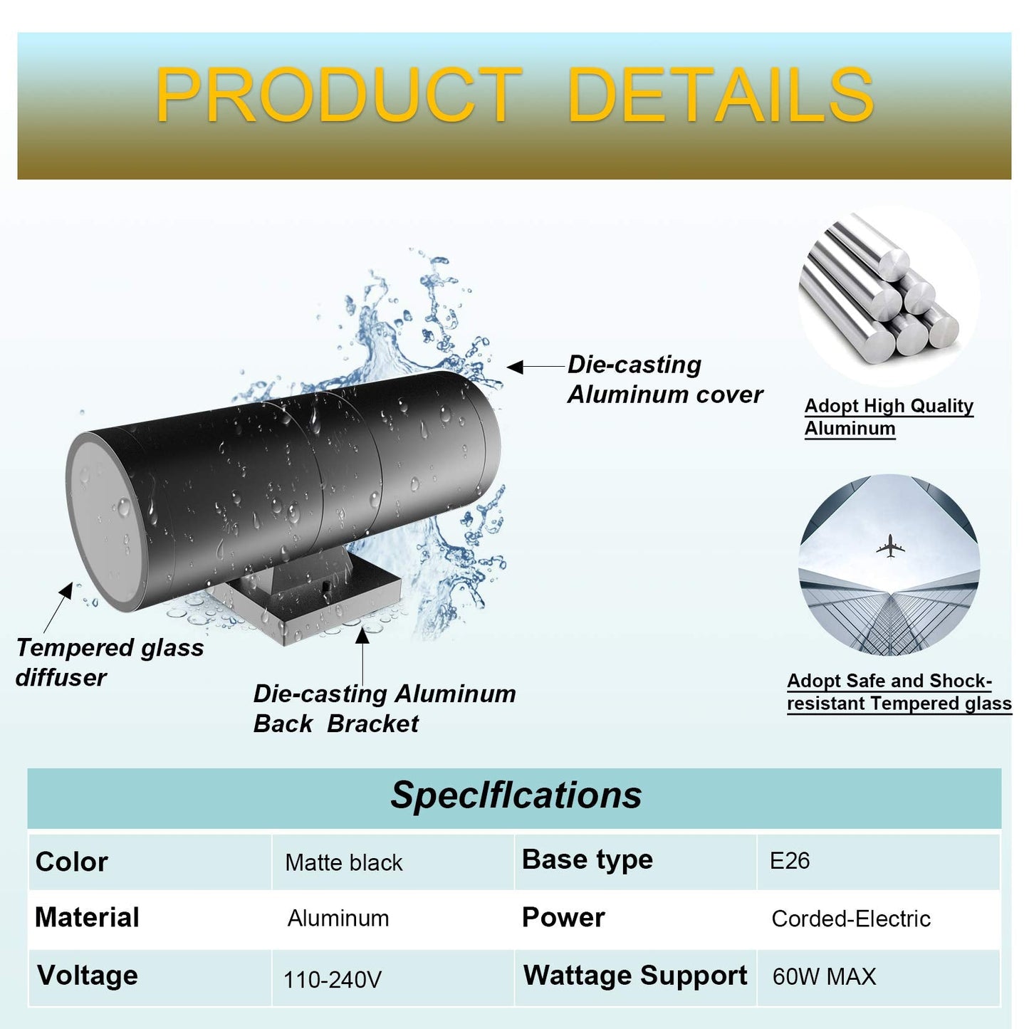 Tipace Modern Outdoor Porch Lights - Matte Black Cylinder Wall Fixtures, Dusk To Dawn Sensor, Aluminum, 2 Pack