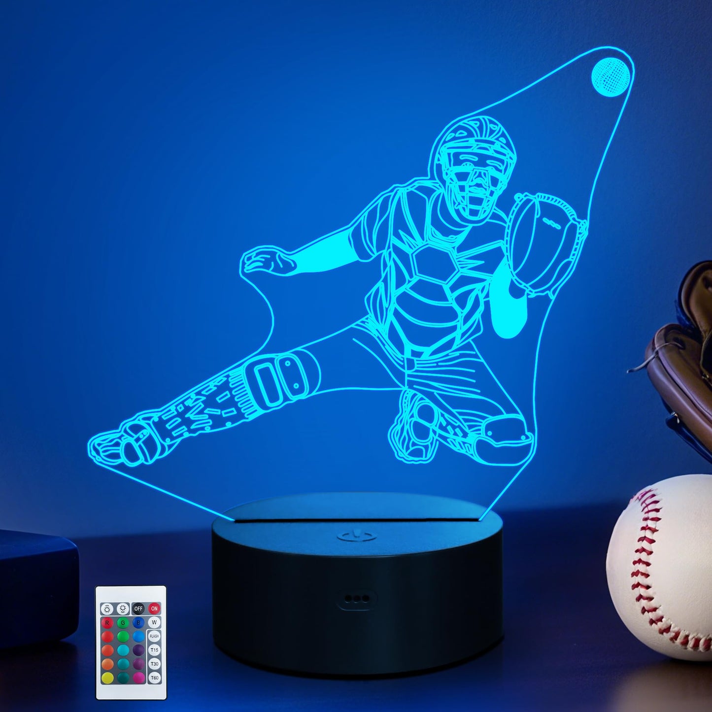 CoolGift Mart Baseball Catcher Night Light, 3D Room Decor LED Optical Illusion Lamp with 16 Colors and Remote Control, Baesball