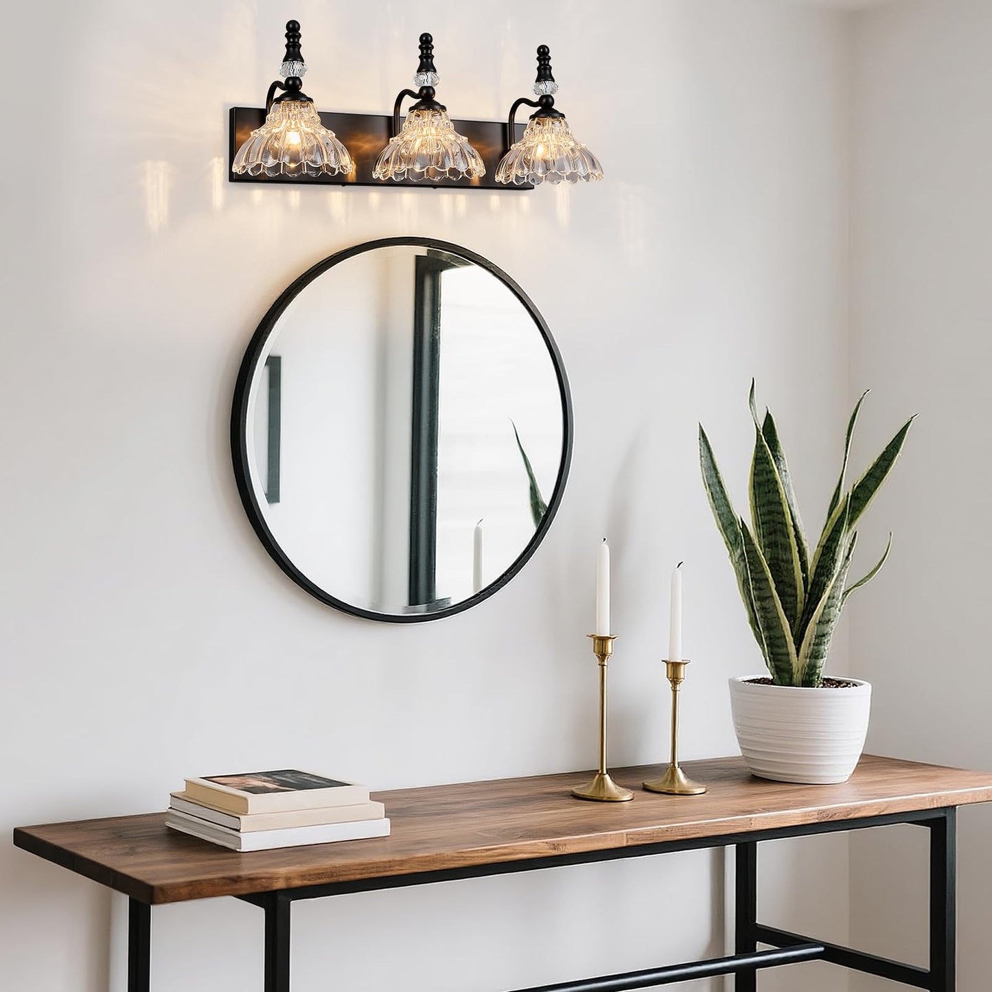 Lbsqj Vintage Bathroom Vanity Light 3-Light Black Vanity Lighting Fixture With Flower Glass Shade Bathroom Lighting Fixtures Over Mirror