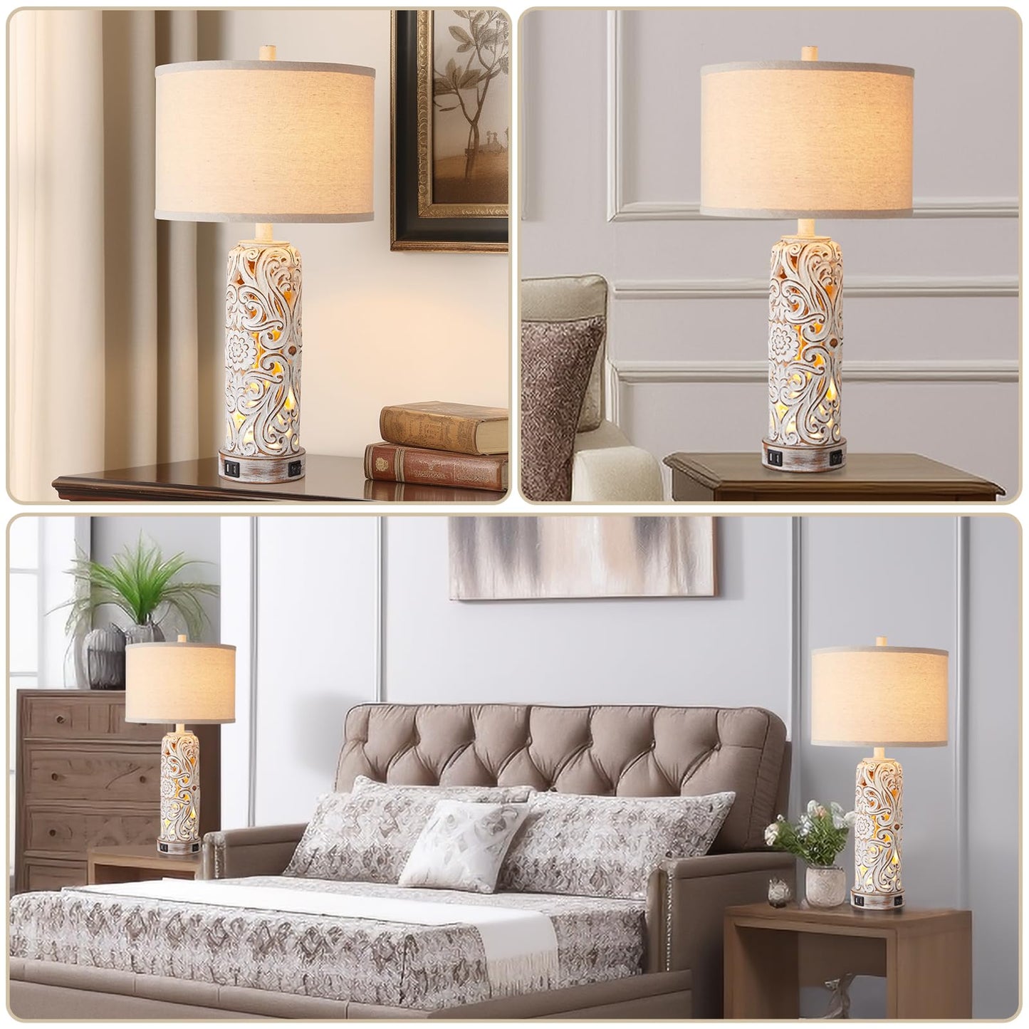 RORIANO Set of 2 Rustic Farmhouse Table Lamps, Vintage Resin Nightstand Lamps with Dual USB Port, Antique White, Model LM-08889