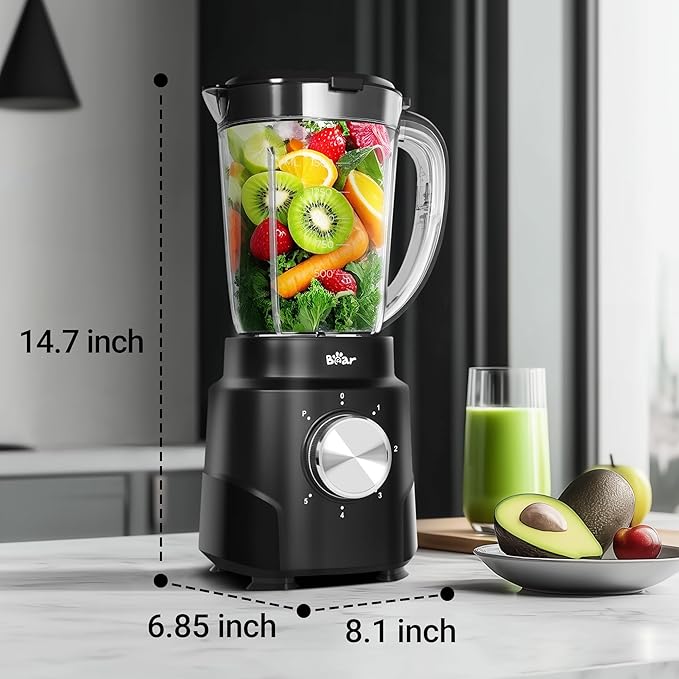 Bear 800W 6-Speed Blender, Smoothie Blender for Kitchen with 50oz(1.5L) BPA-Free Cup/Suction Feet/Feeding Hole/10 blades, Countertop Blender for Smoothies, Crush Ice, Frozen Fruit, Juice and Puree