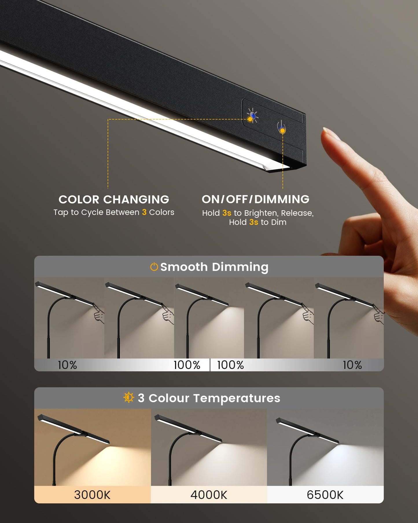 ONLYWIN LED Desk Lamp with Clamp, Adjustable Gooseneck, 3 Color Modes, Black, Model SDDL007, Medium Size